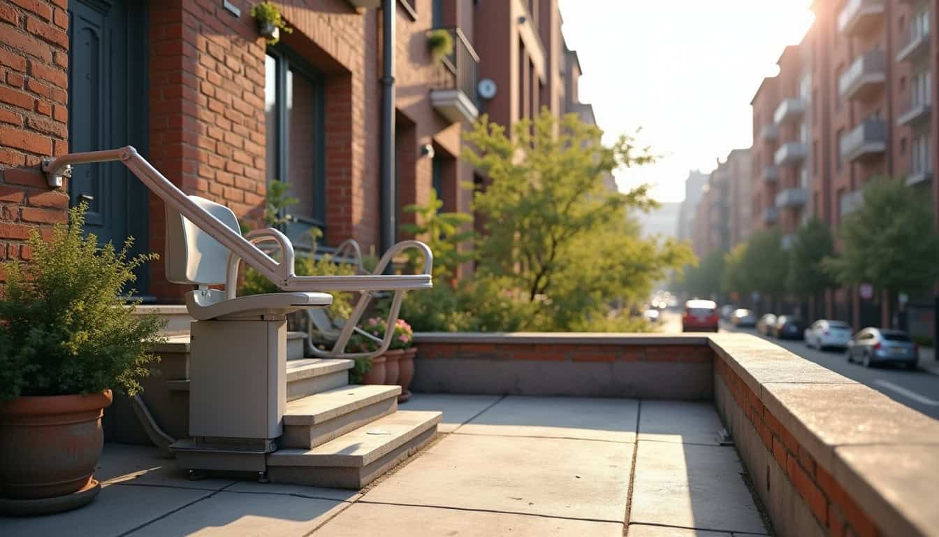 Monte-escalier extérieur installé sur une terrasse en milieu urbain