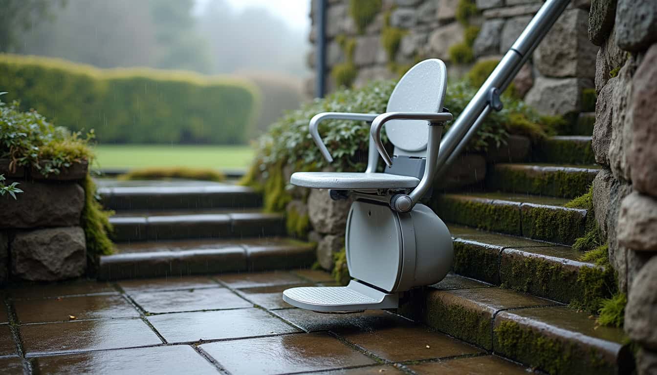 Monte-escalier extérieur installé sur une terrasse en pierre de Brasparts, fonctionnant par temps de pluie
