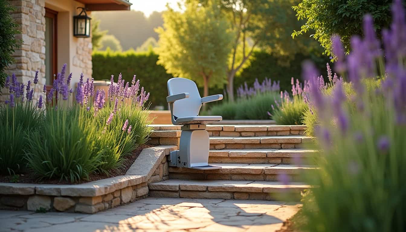 Monte-escalier extérieur utilisé pour accéder au jardin à Lespignan