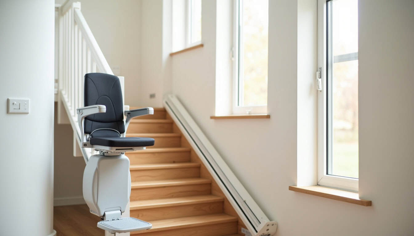 Monte-escalier installé dans une maison avec escalier droit