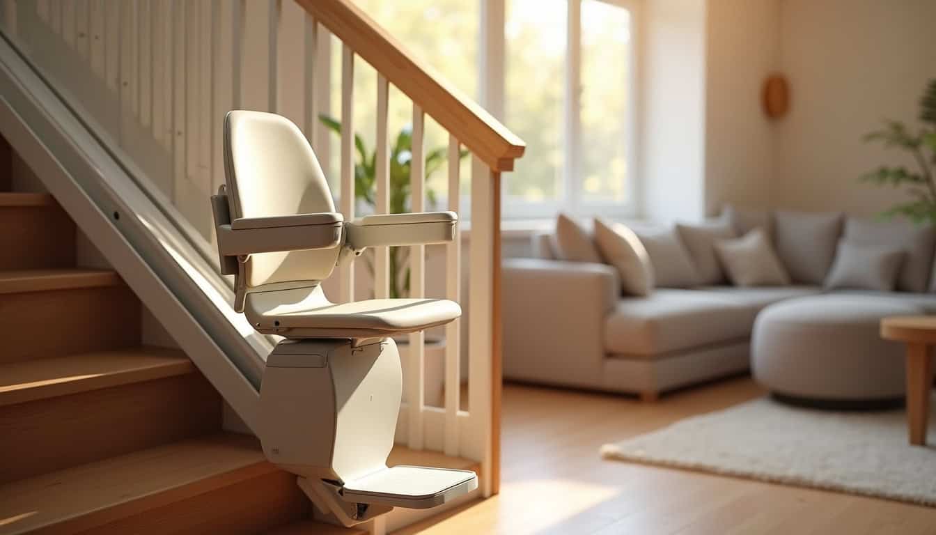 Fauteuil monte-escalier installé dans un escalier intérieur à Genech, vue d