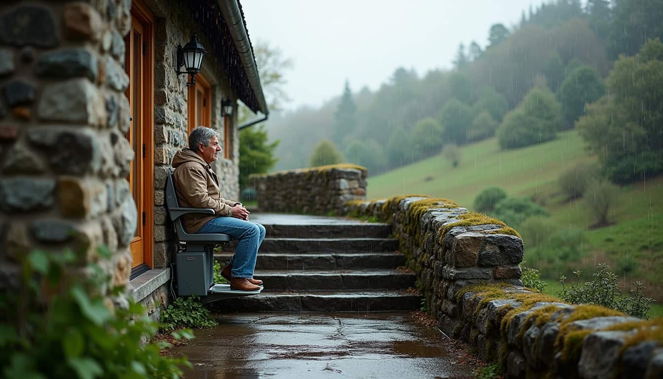 Monte-escalier installé à l’extérieur d’une maison à Montescot, utilisable par tous les temps