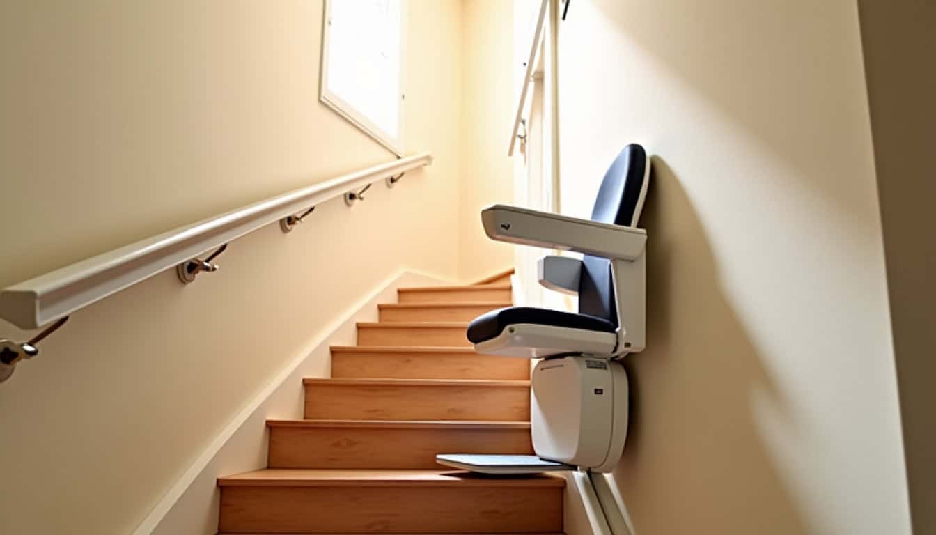 Monte-escalier installé à l’intérieur d’un escalier droit dans une maison à Ô-de-Selle