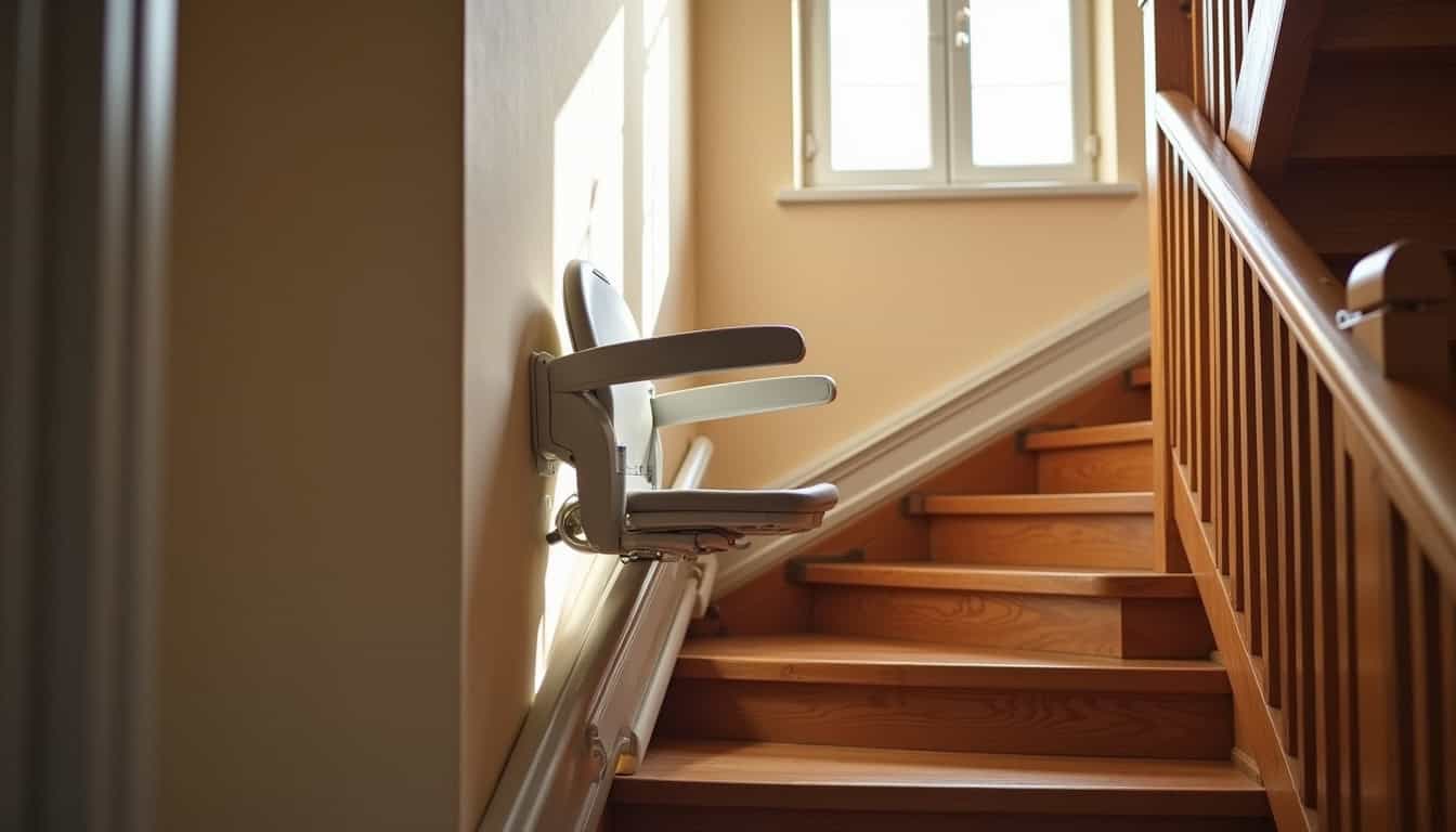 Monte-escalier installé à l’intérieur d’une maison à Fontaine-la-Guyon, avec un escalier traditionnel en bois