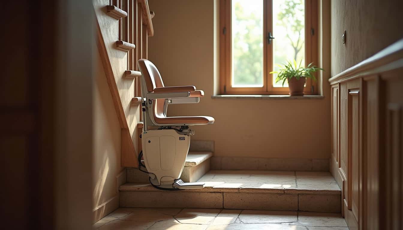 Monte-escalier installé à l’intérieur d’une maison à Tollevast, sur un escalier en granit
