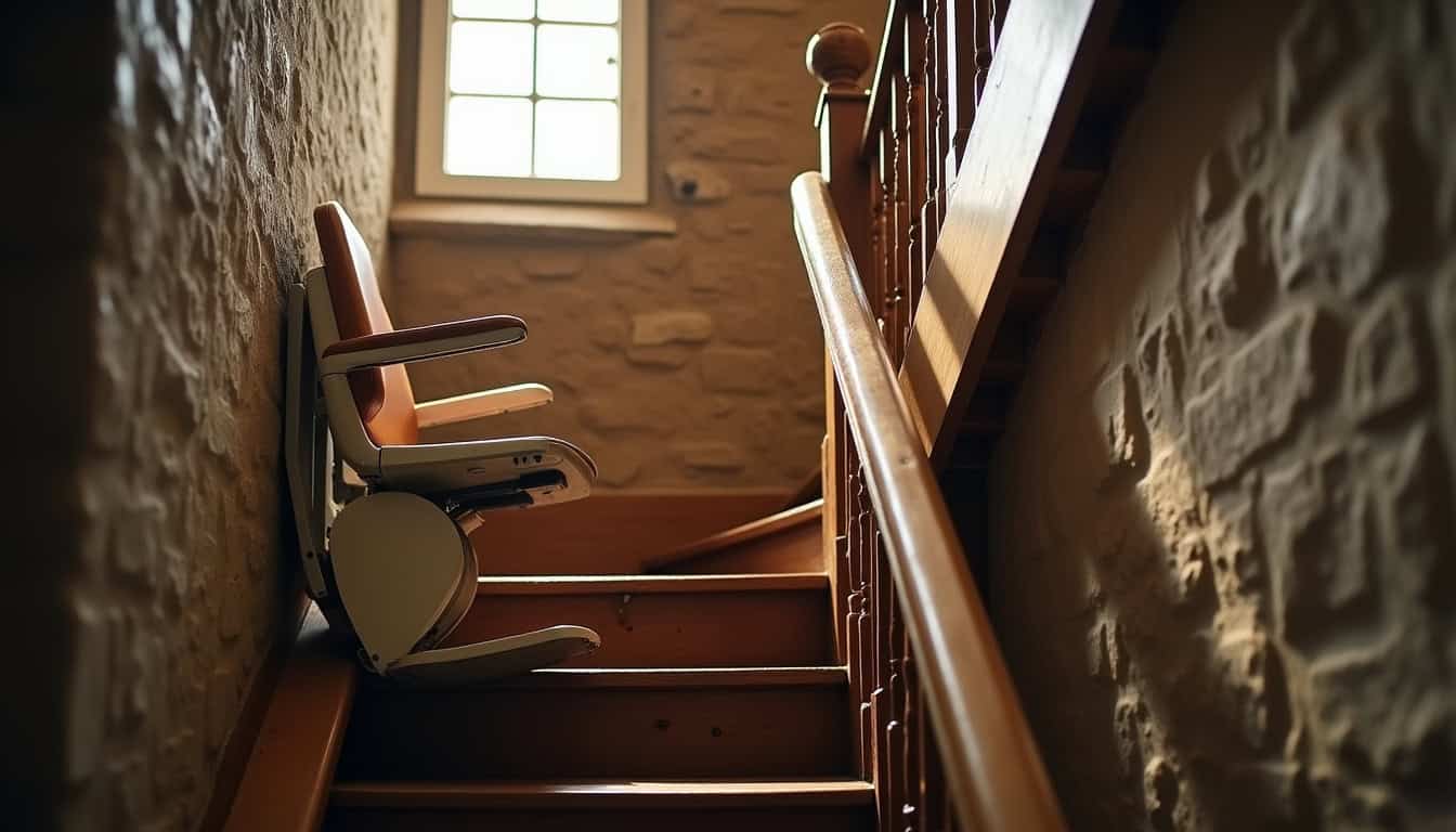 Monte-escalier installé dans un escalier ancien étroit, avec rail ajusté sur mesure