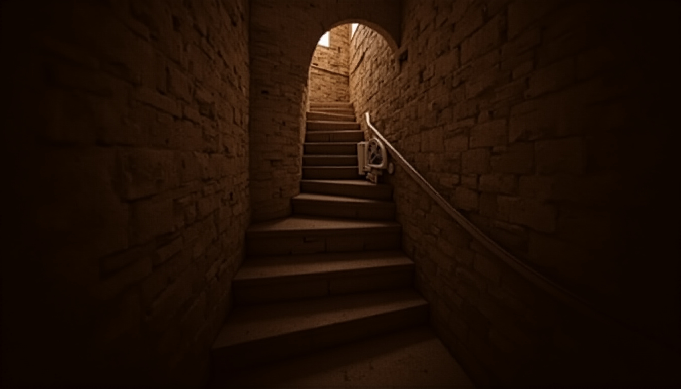 Monte-escalier installé dans un escalier ancien très étroit à Varennes-Saint-Sauveur