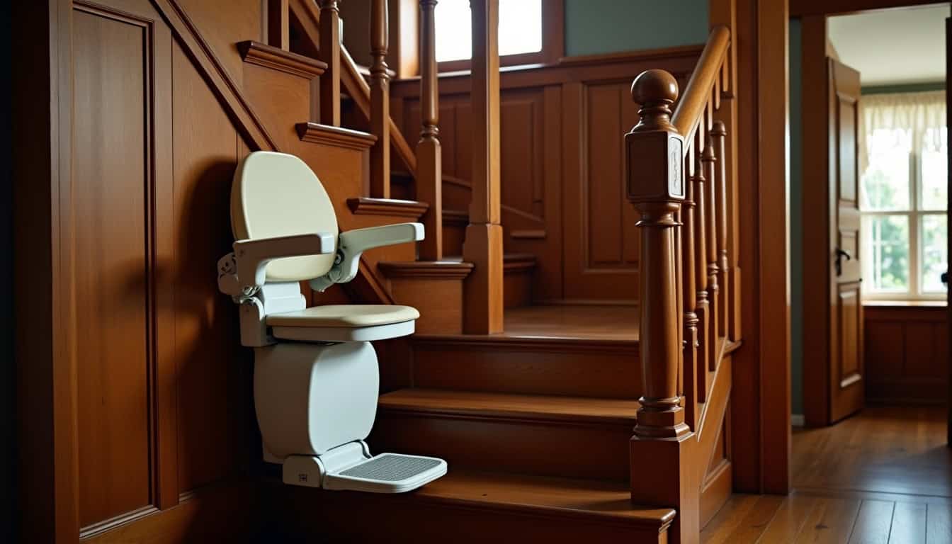 Monte-escalier installé dans un escalier de maison ancienne, intégré de manière discrète
