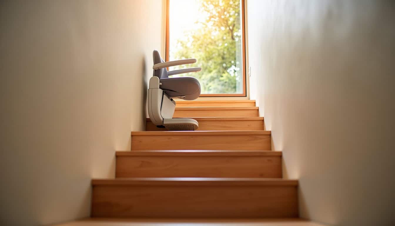 Monte-escalier installé dans un escalier étroit de 63 cm de large à Garennes-sur-Eure