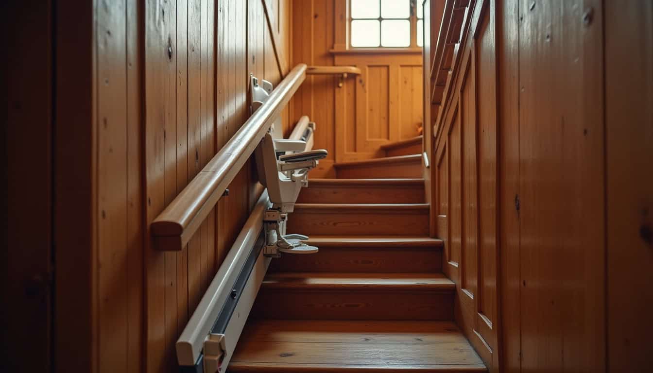 Monte-escalier installé dans un escalier étroit de maison ancienne à Lallaing