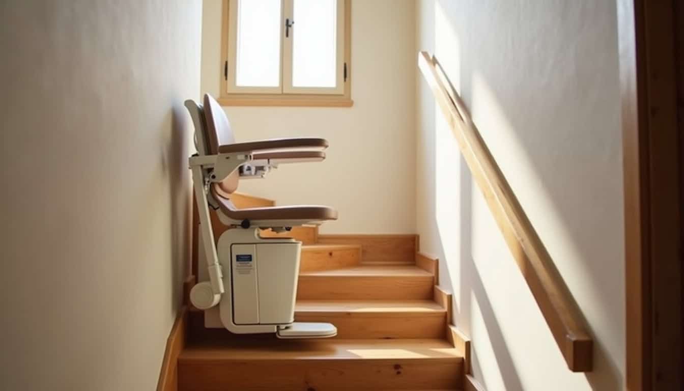 Monte-escalier installé dans un escalier intérieur à Diou, vue d’ensemble discrète et fonctionnelle