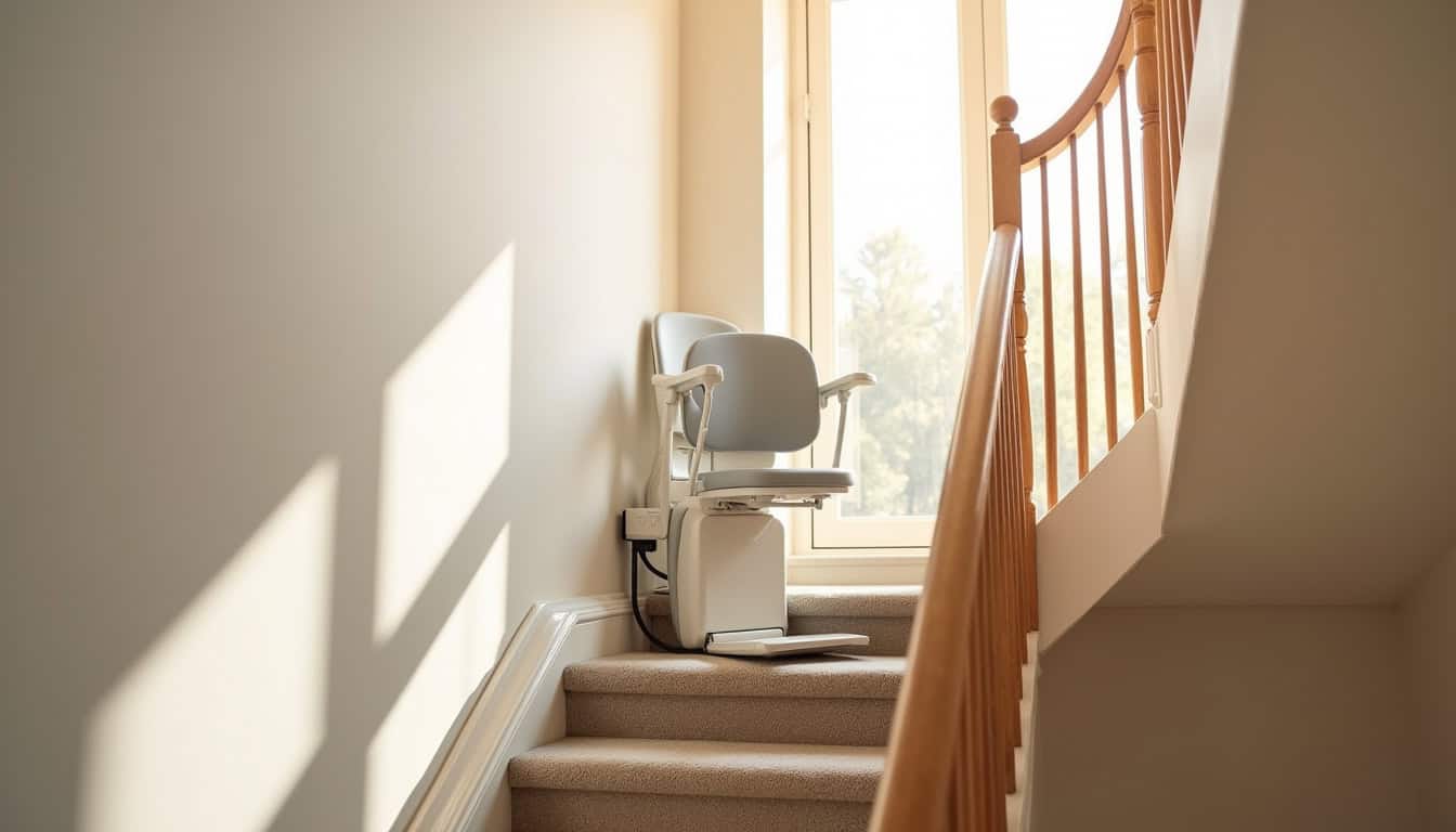 Monte-escalier installé dans un escalier intérieur à Nantua, vue depuis le palier