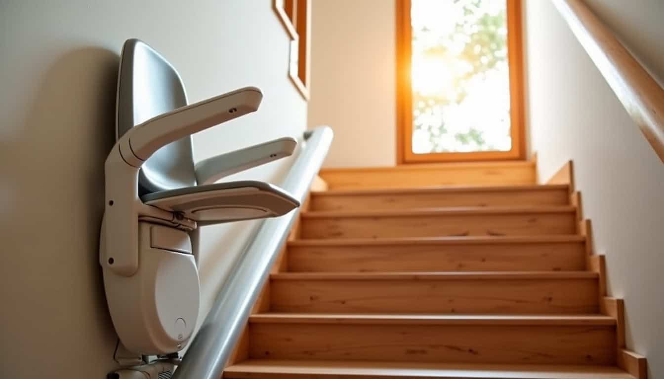 Monte-escalier installé dans un escalier intérieur à Sierck-les-Bains, vue depuis le bas de l
