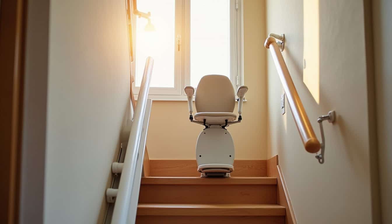 Monte-escalier installé dans un escalier intérieur droit à Orthevielle, en situation réelle