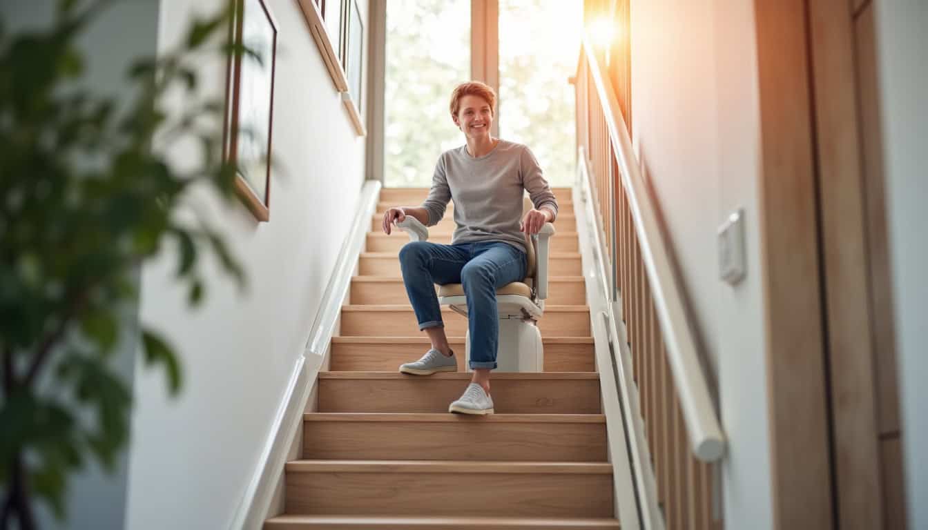 Monte-escalier installé dans un escalier intérieur droit, avec siège ergonomique et repose-pieds