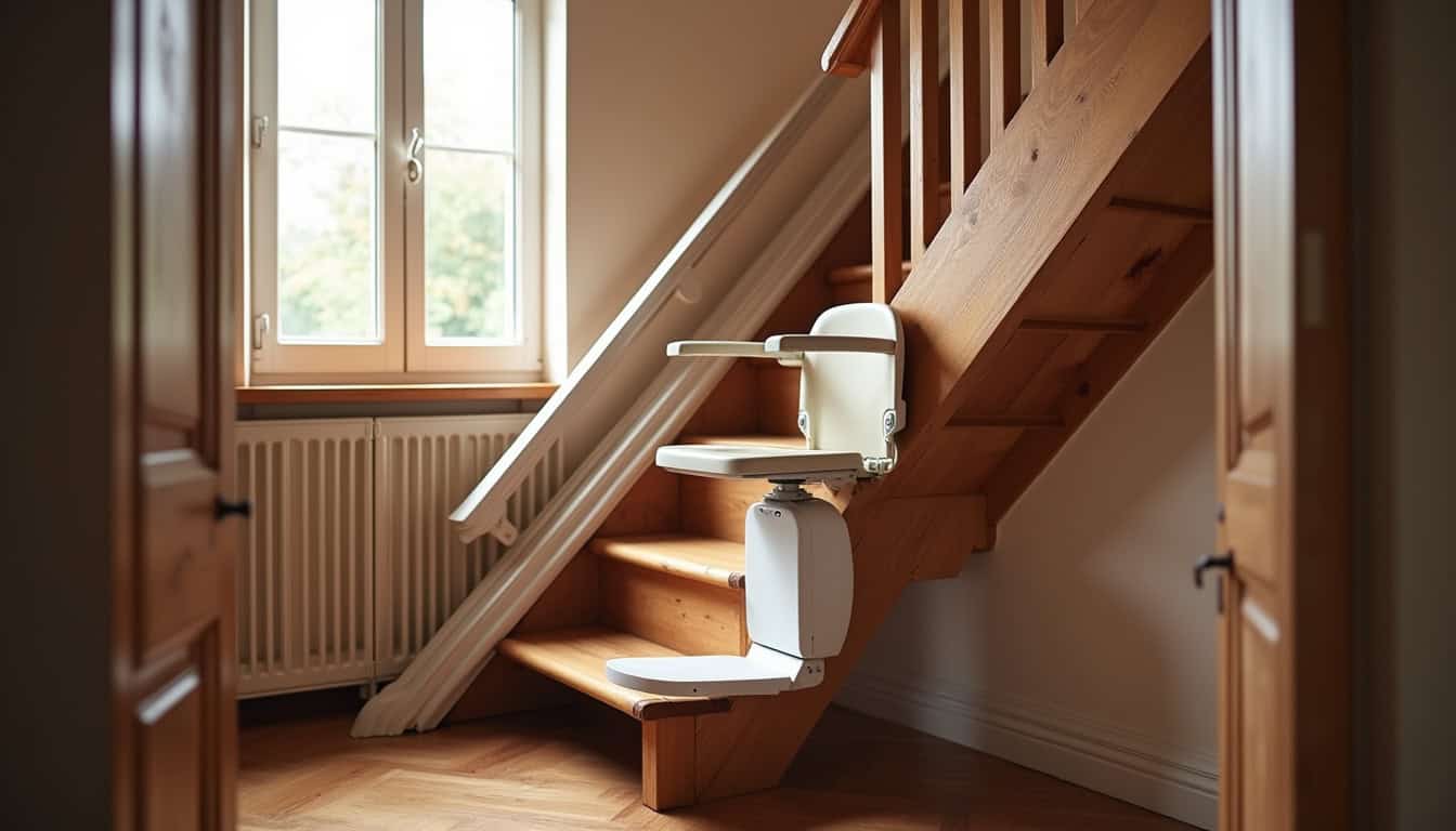 Monte-escalier installé dans un escalier intérieur typique des Deux-Sèvres, avec fauteuil ergonomique et rail sur mesure