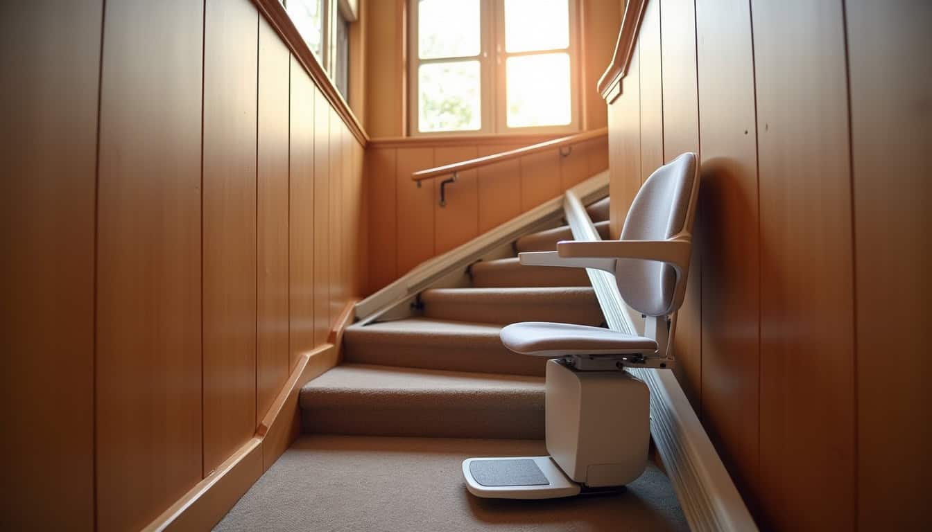 Monte-escalier installé dans un escalier intérieur, vue depuis le bas de l’escalier