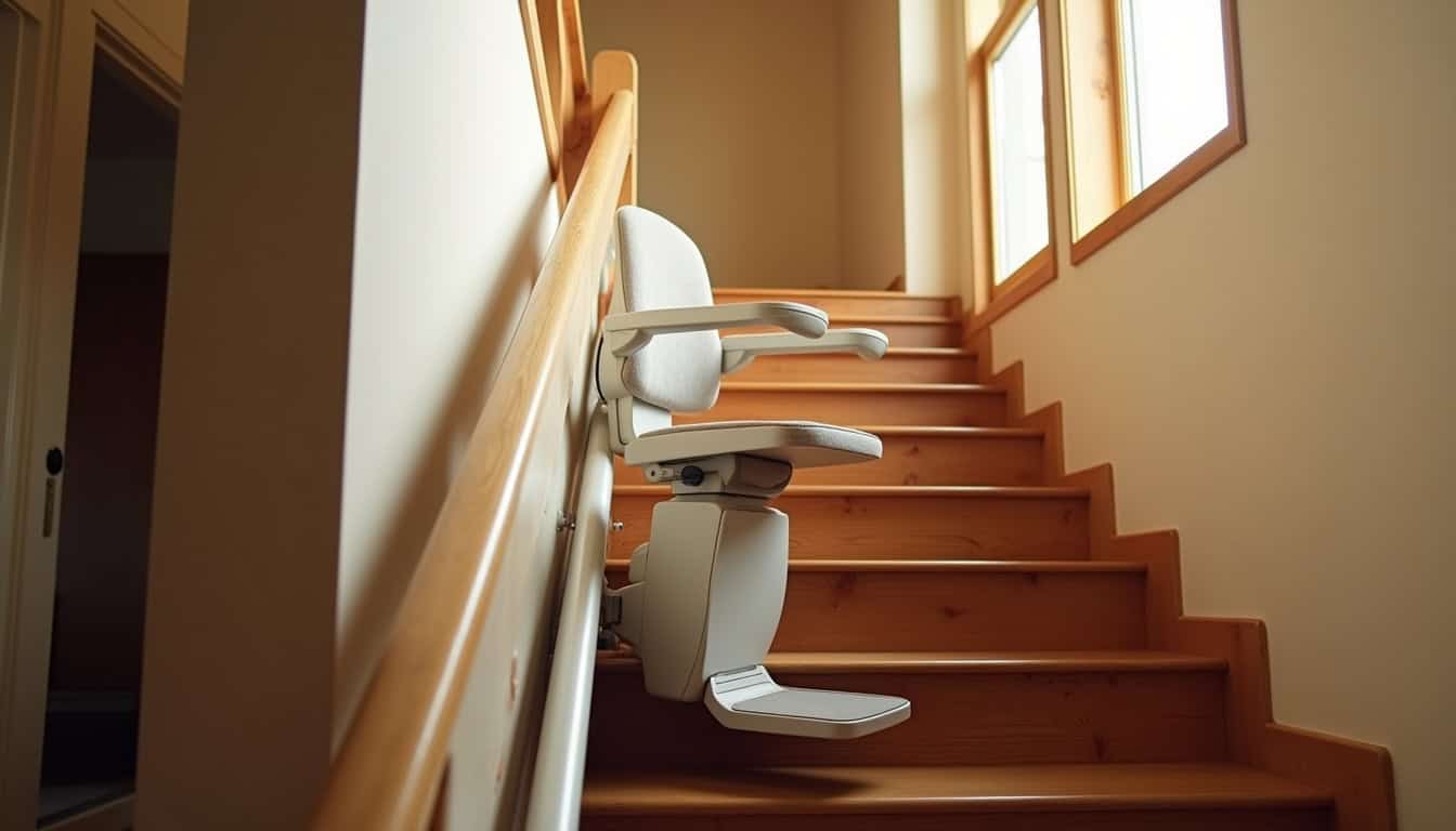 Monte-escalier installé dans un intérieur de maison à Vendin-lès-Béthune avec escalier en bois