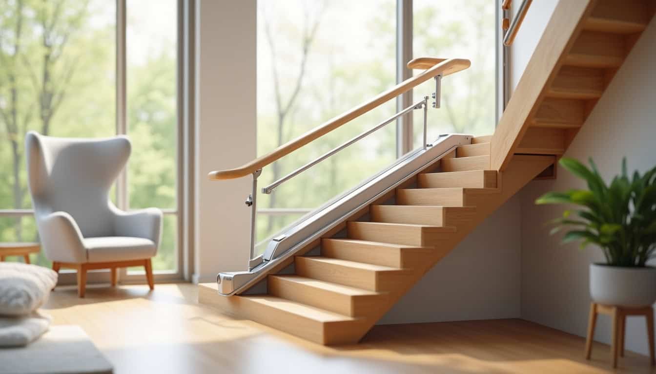 Monte-escalier installé dans un intérieur moderne avec escalier en bois