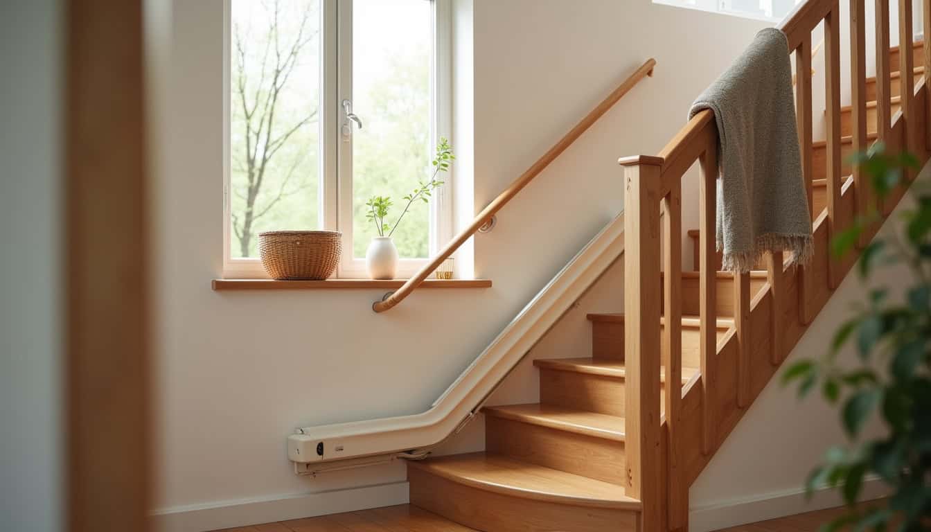 Monte-escalier installé dans un intérieur typique de Villeneuve-la-Rivière, rail intégré à un escalier en bois