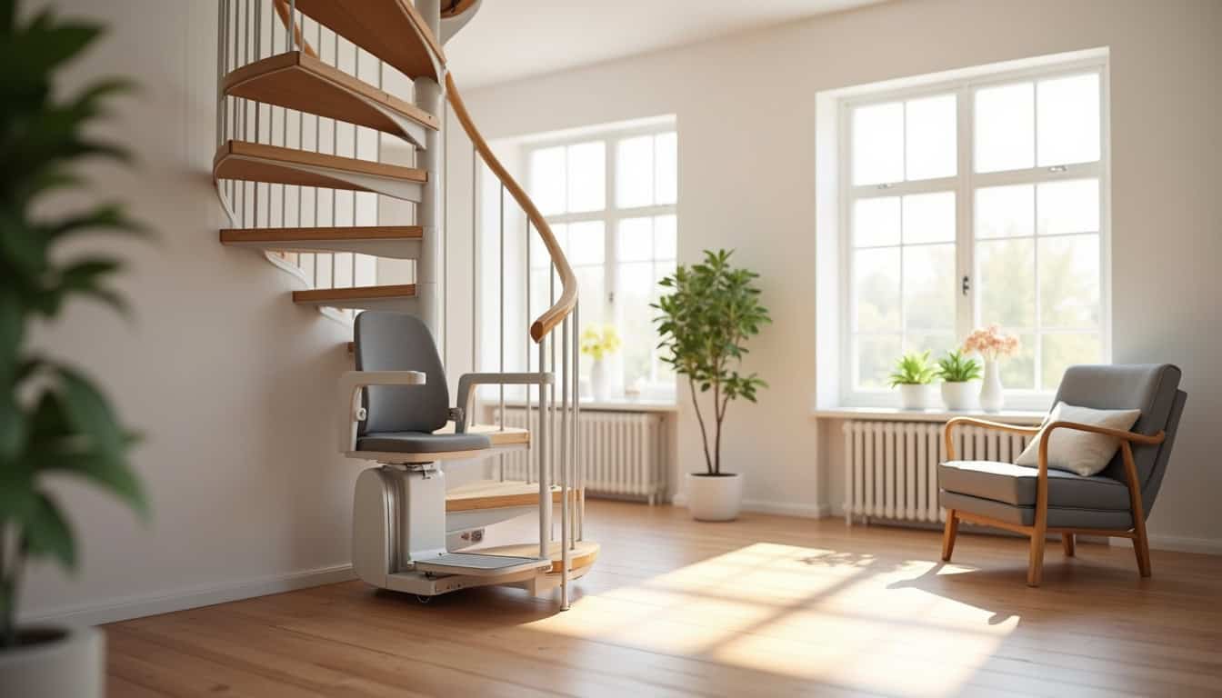 Monte-escalier installé dans un salon avec escalier en colimaçon, montrant l