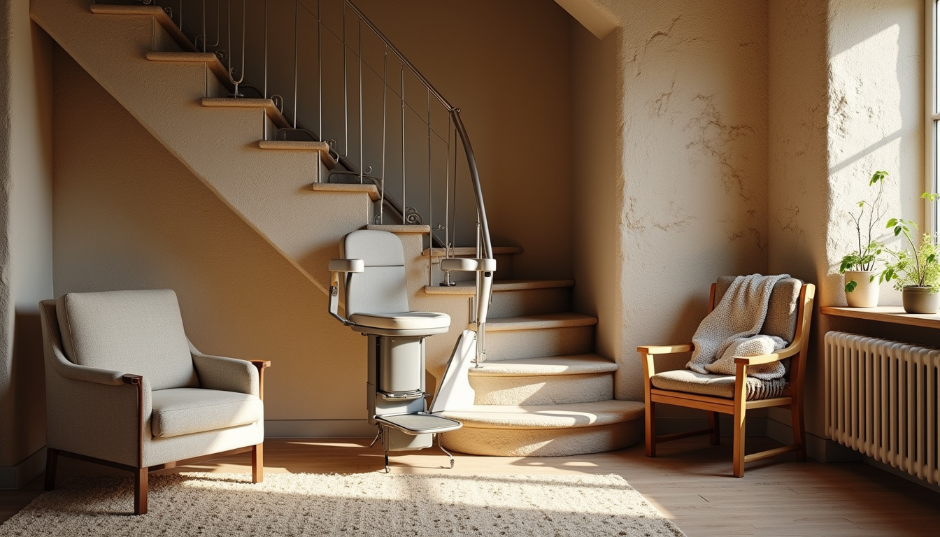 Monte-escalier installé dans un salon de maison traditionnelle en pierre dorée, à Cénac-et-Saint-Julien