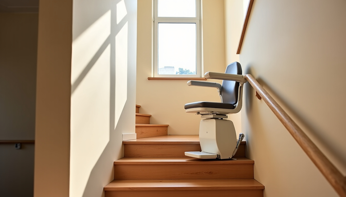 Monte-escalier installé dans une maison à Eyragues, vu depuis l’intérieur de la cage d’escalier