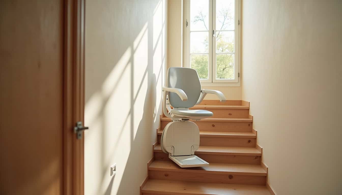 Monte-escalier installé dans une maison à Fontenay-sur-Loing, escalier intérieur droit avec siège ergonomique