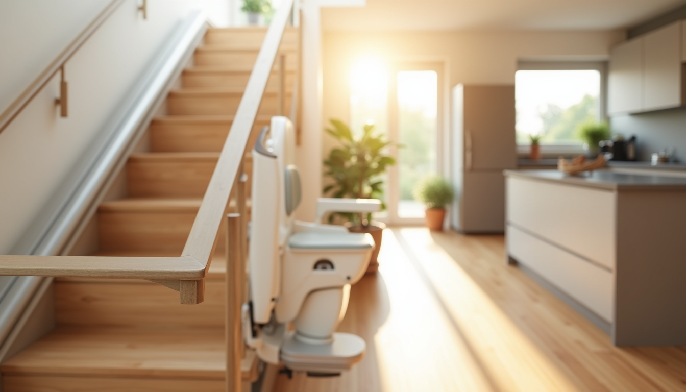 Monte-escalier installé dans une maison à l’intérieur, près d’une cuisine