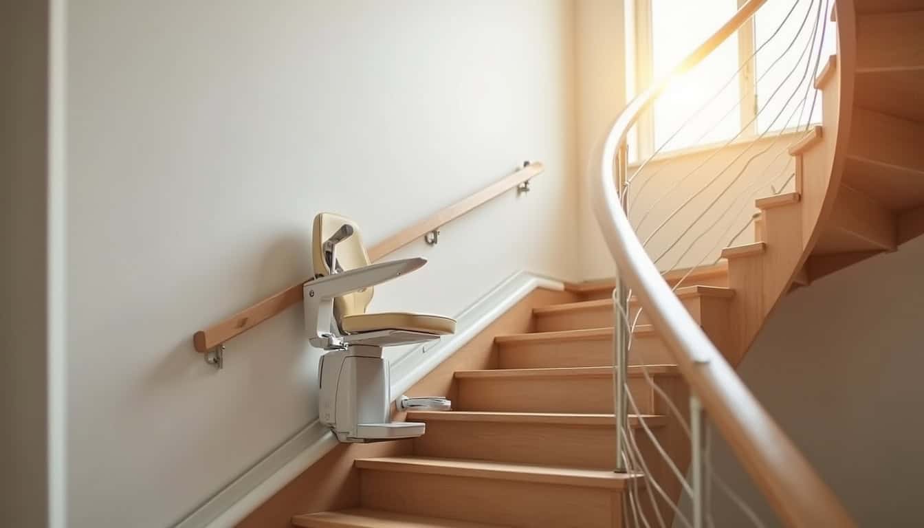 Monte-escalier installé dans une maison à Mercuer, montrant l’intégration discrète dans un escalier intérieur