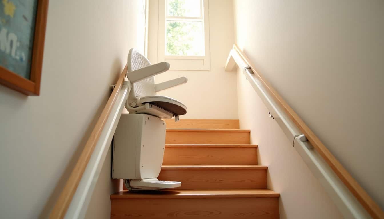 Monte-escalier installé dans une maison à Rumilly, escalier intérieur droit avec siège repliable