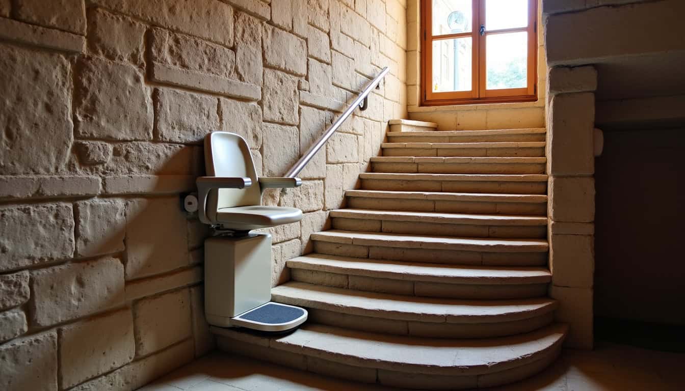 Monte-escalier installé dans une maison ancienne à Autun avec escalier en pierre