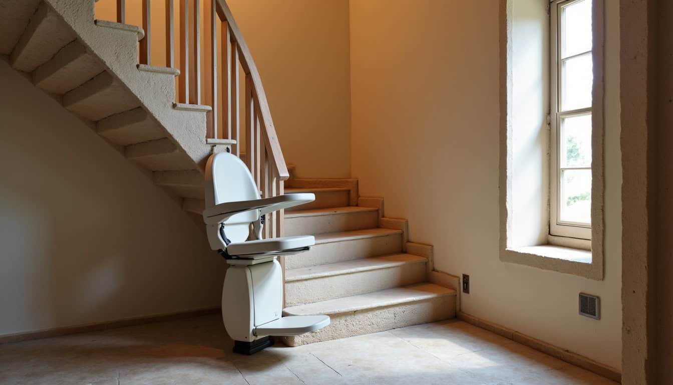 Monte-escalier installé dans une maison ancienne à Lorient avec escalier en colimaçon