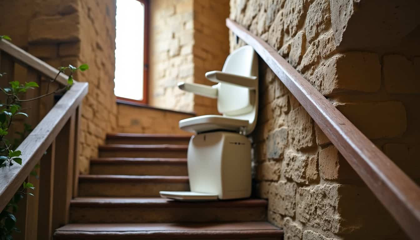 Monte-escalier installé dans une maison ancienne à Monts-de-Randon, escalier en pierre avec rampe en bois