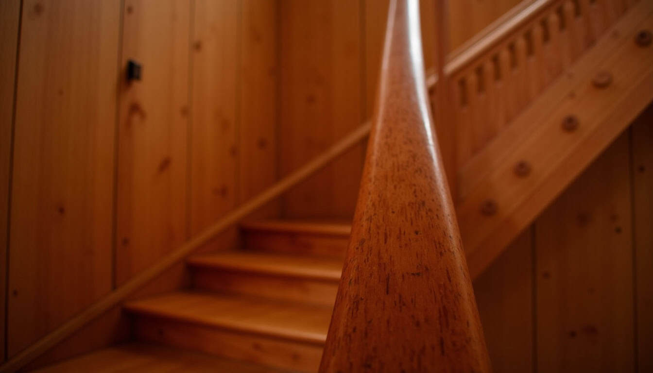 Monte-escalier installé dans une maison ancienne à Saint-Nom-la-Bretèche, vue intérieure d’un escalier en bois avec un rail discret le long de la rampe