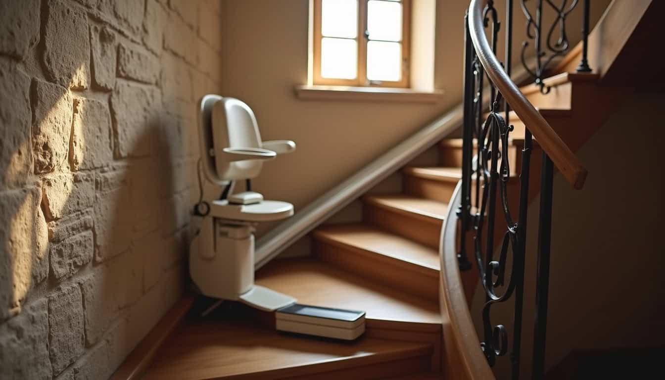 Monte-escalier installé dans une maison ancienne avec escalier en colimaçon