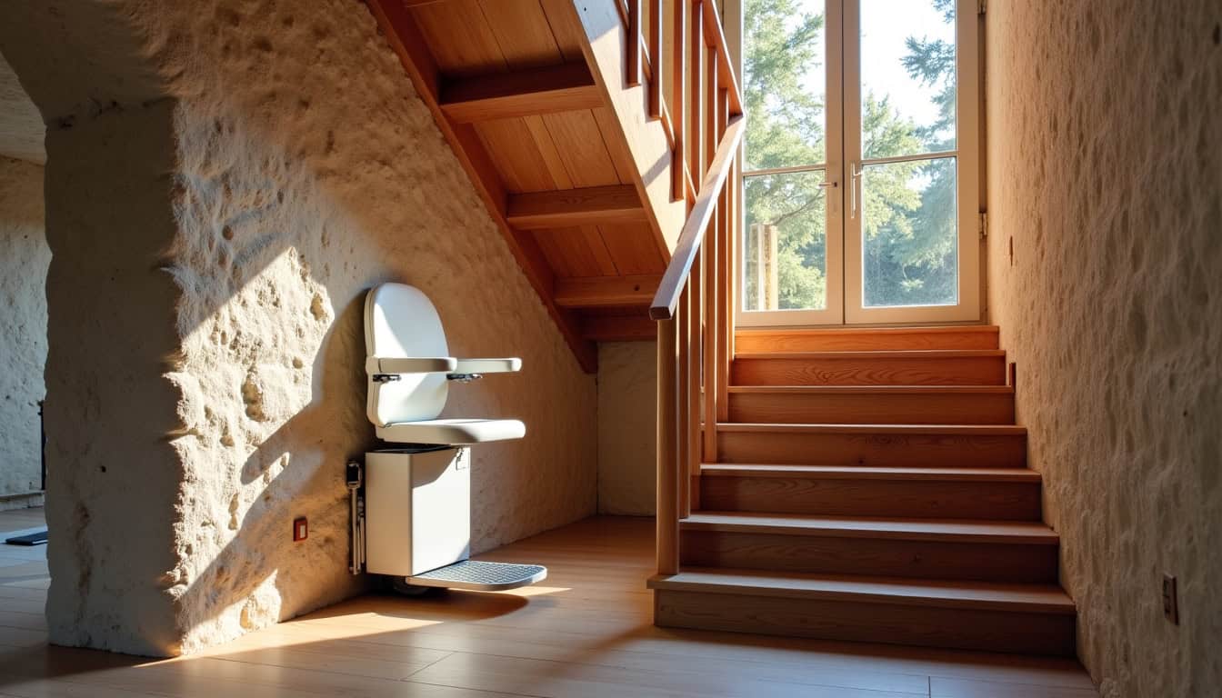 Monte-escalier installé dans une maison ancienne de Jœuf avec escalier en bois et mur en pierre apparente
