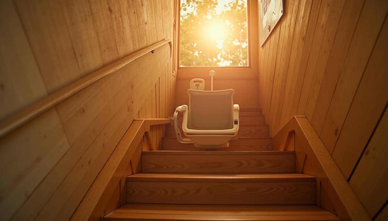 Monte-escalier installé dans une maison ancienne de la région, bien intégré à l’escalier