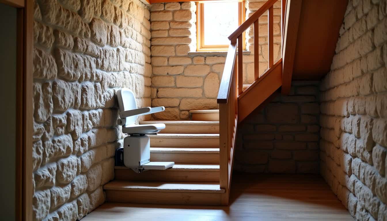 Monte-escalier installé dans une maison en pierre ancienne à Saint-Jean-du-Pin