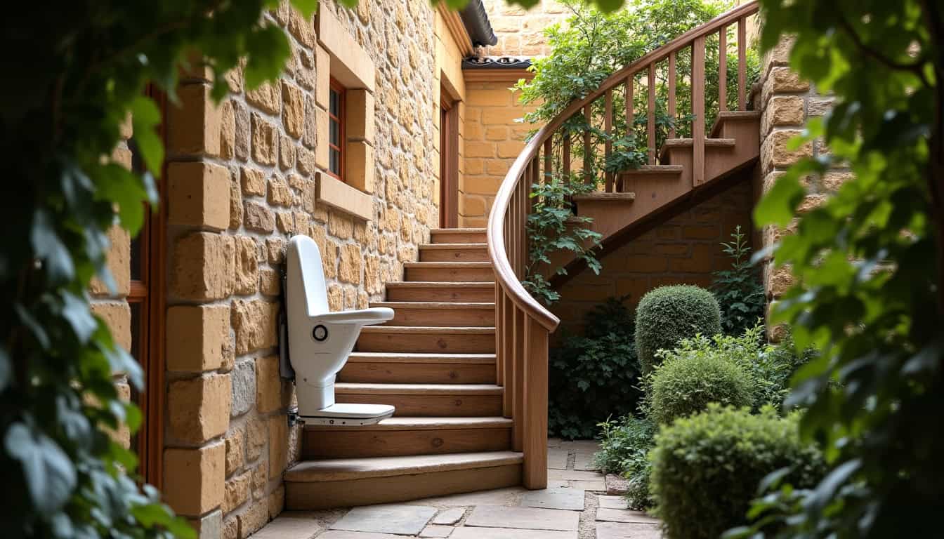 Monte-escalier installé dans une maison en pierre dorée typique du Périgord
