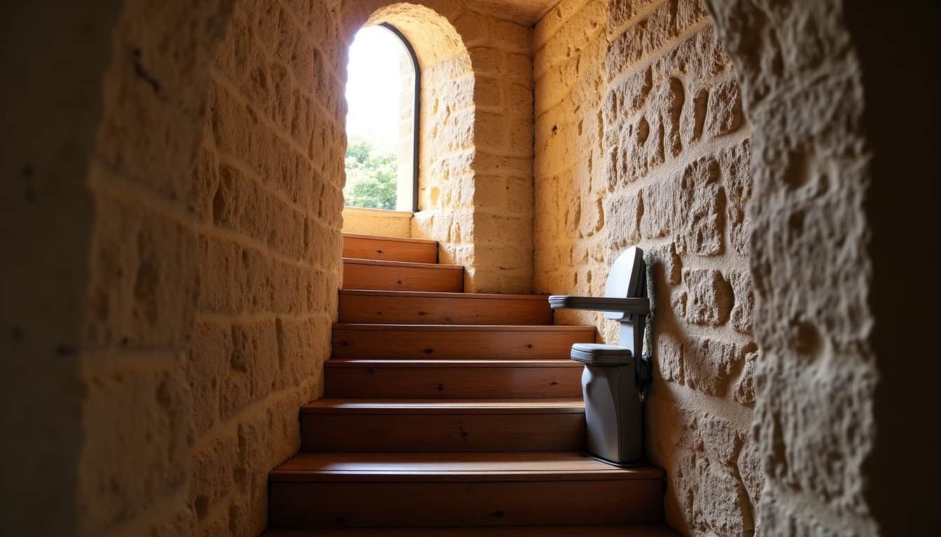 Monte-escalier installé dans une maison en pierre du Gard avec escalier étroit