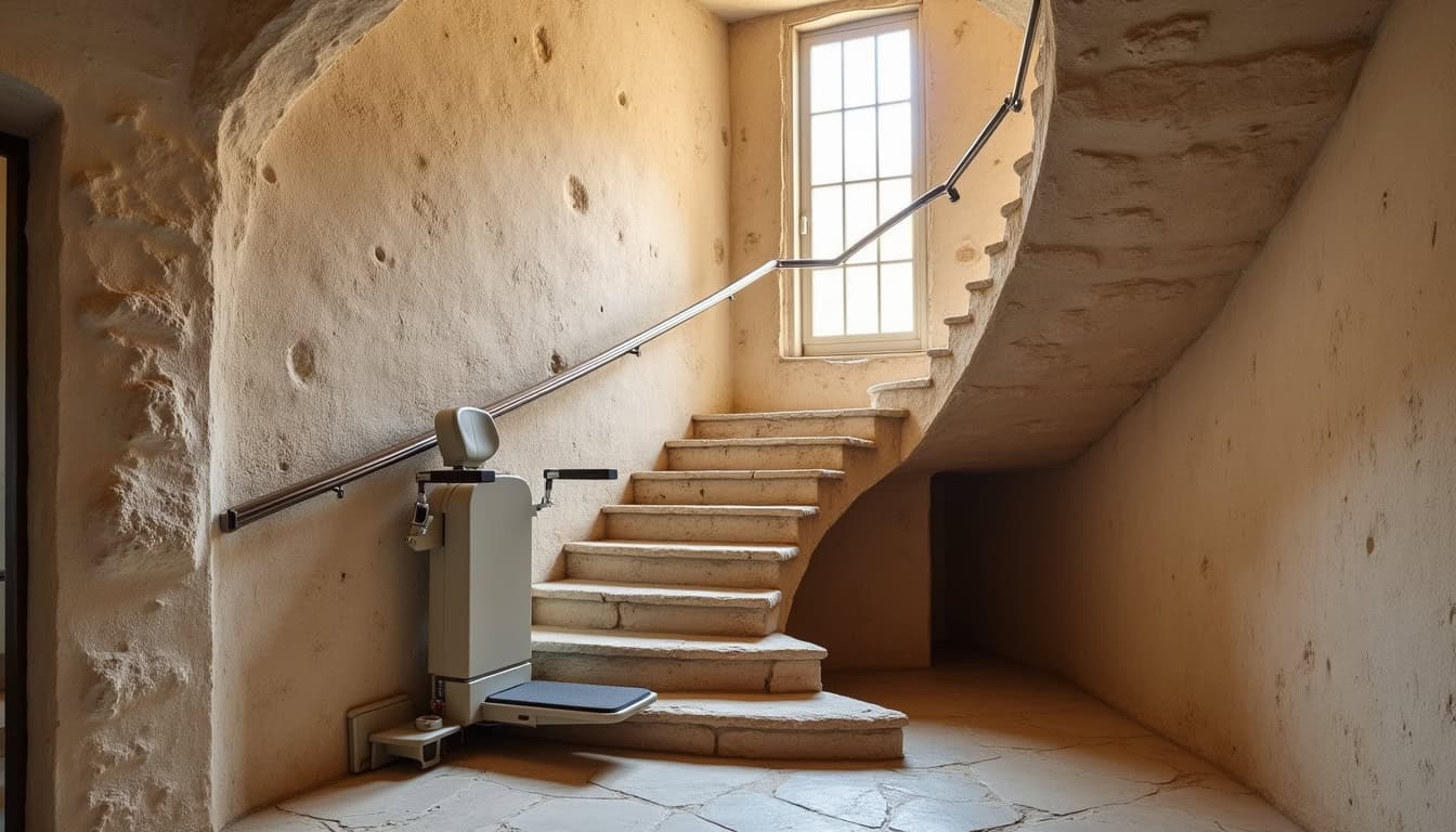 Monte-escalier installé dans une maison en tuffeau à Saint-Étienne-de-Chigny