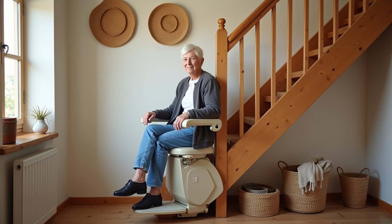 Monte-escalier installé dans une maison traditionnelle à Guingamp, escalier en bois et fauteuil ergonomique