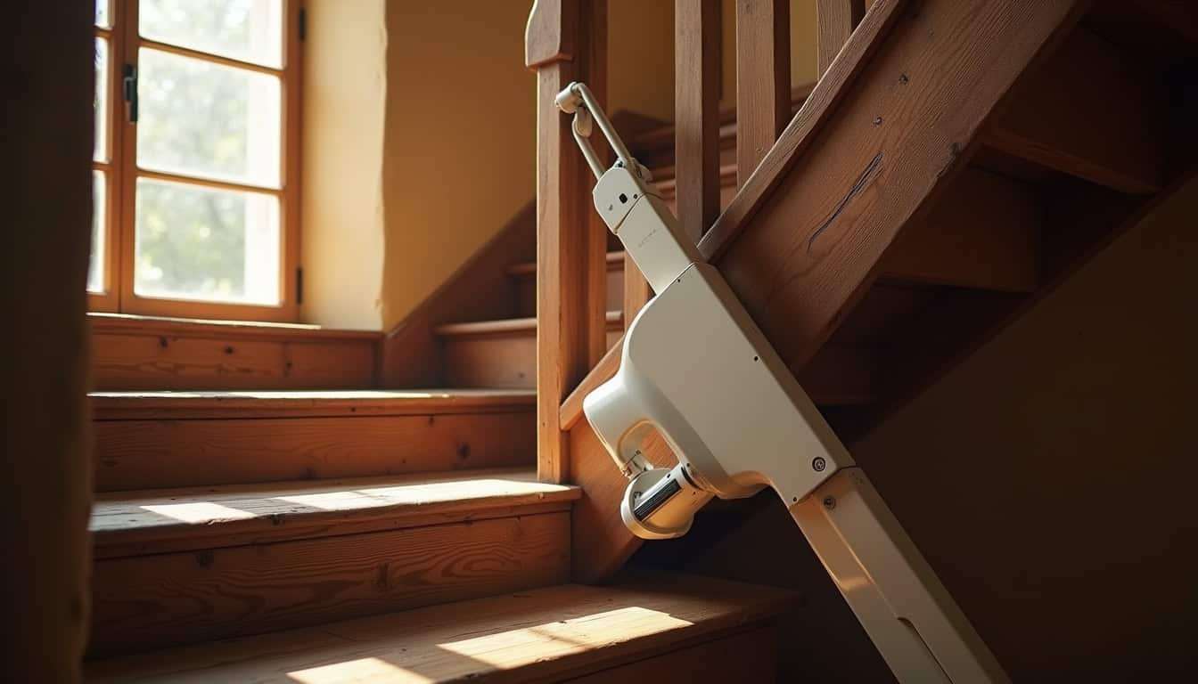 Monte-escalier installé dans une maison traditionnelle de Bailleau-le-Pin avec escalier en bois