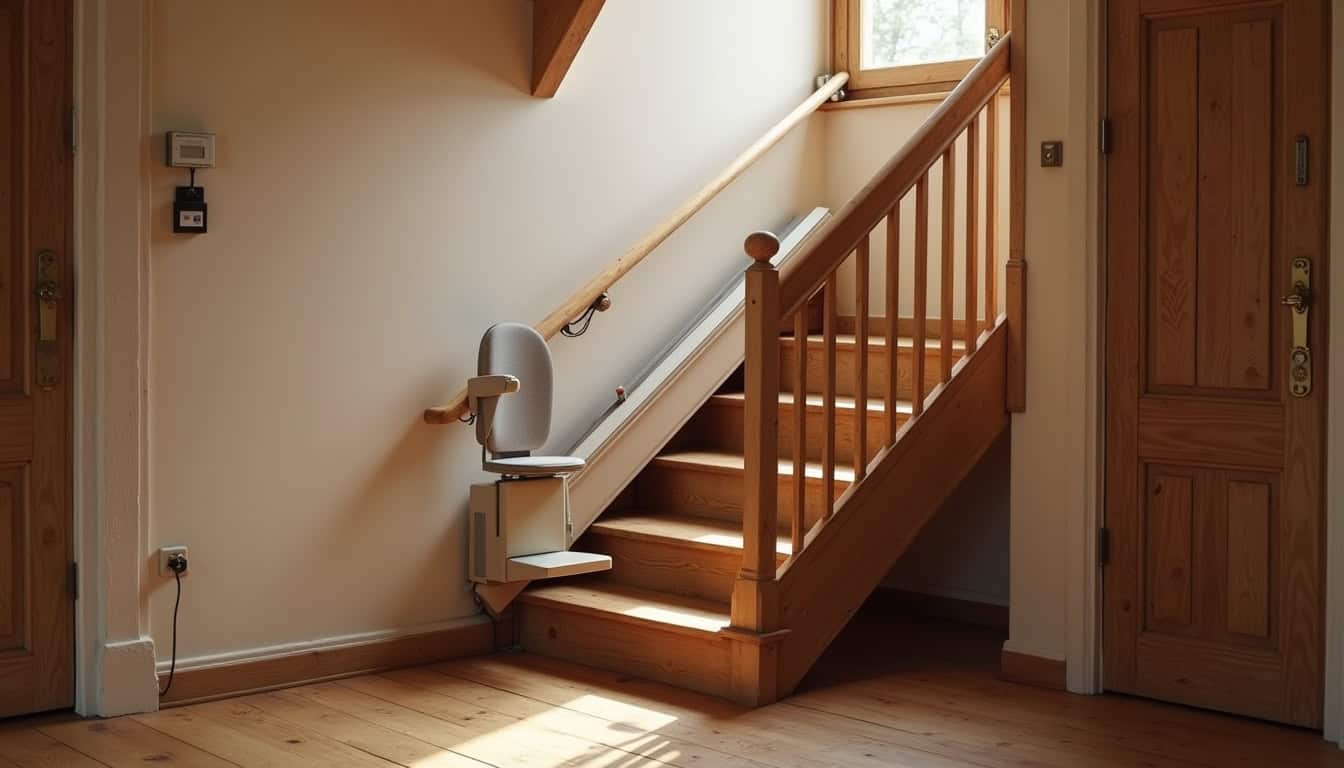 Monte-escalier installé dans une maison traditionnelle de Brasparts, intégré discrètement dans un escalier en bois ancien