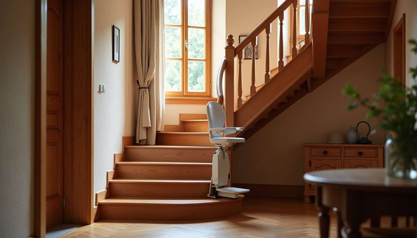 Monte-escalier installé dans une maison traditionnelle de Saint-Baudelle, avec escalier en bois et intérieur chaleureux