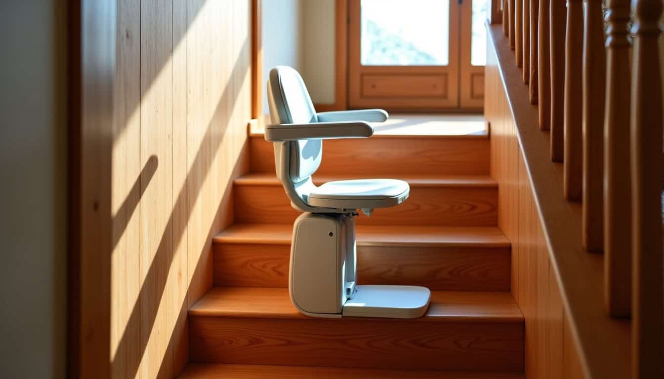 Monte-escalier installé dans une maison typique de Montauville, avec un escalier en bois et une lumière douce