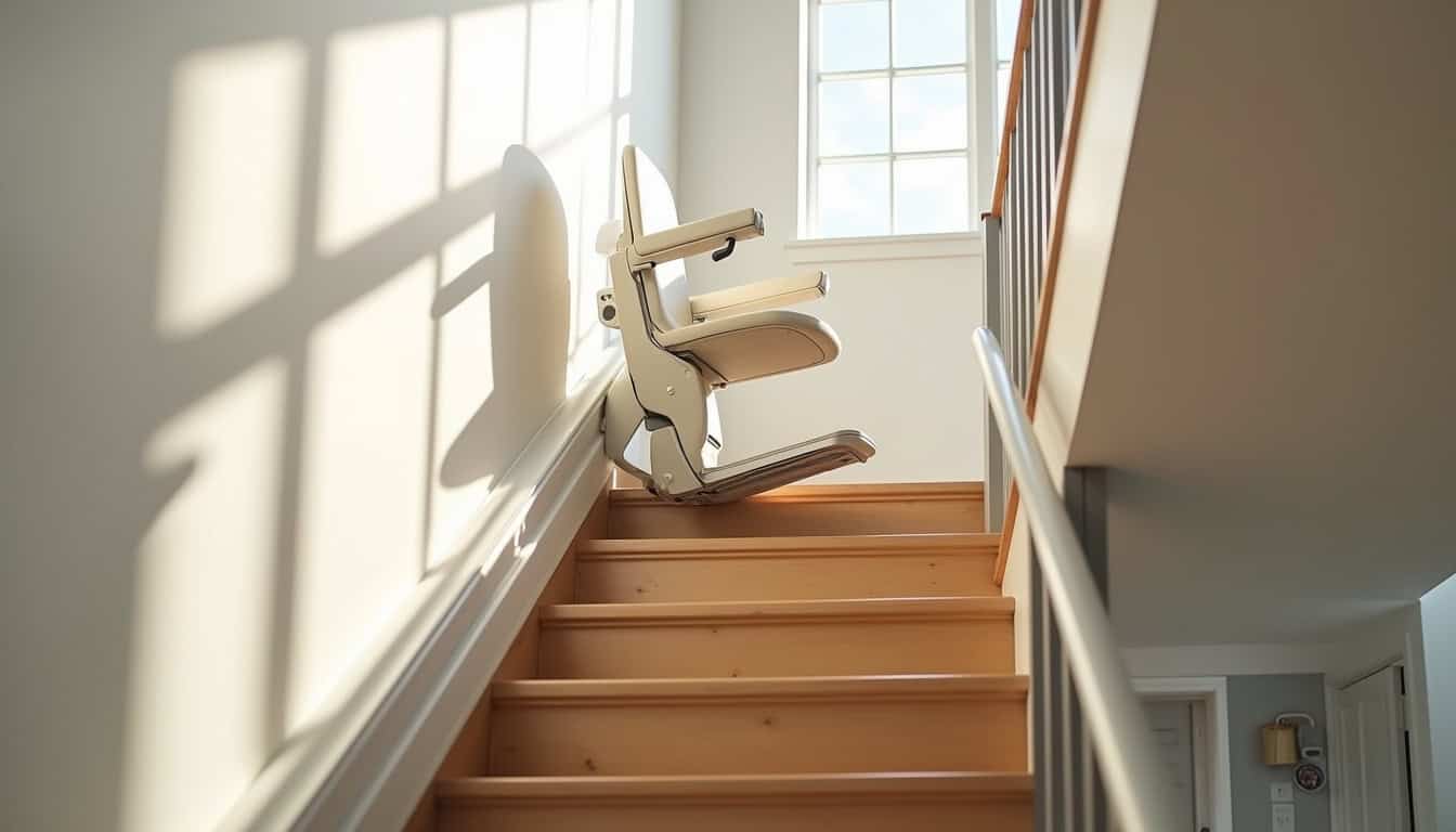 Monte-escalier installé sur un escalier droit dans une maison à Coux