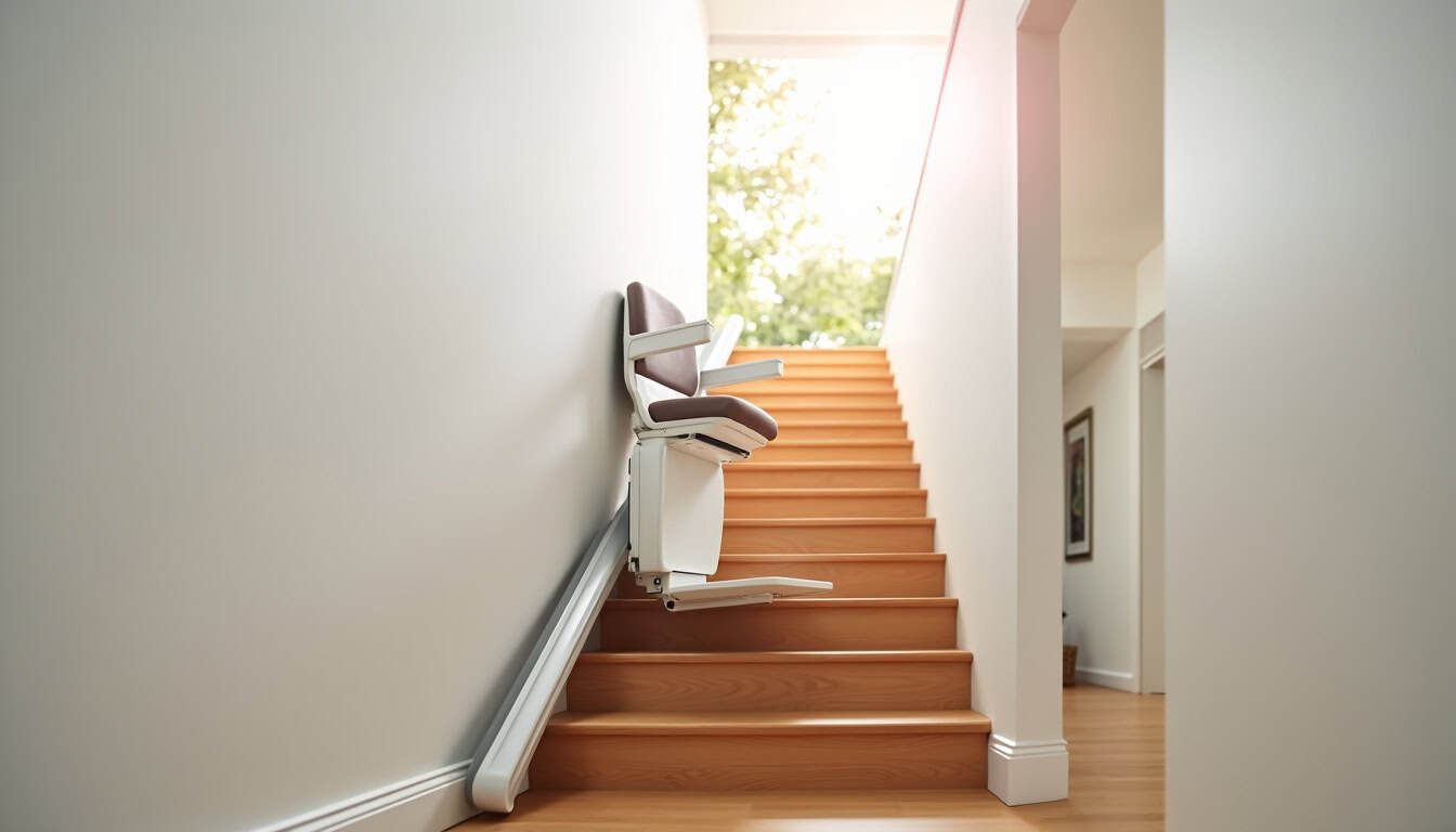 Monte-escalier installé sur un escalier droit dans une maison à Pierry