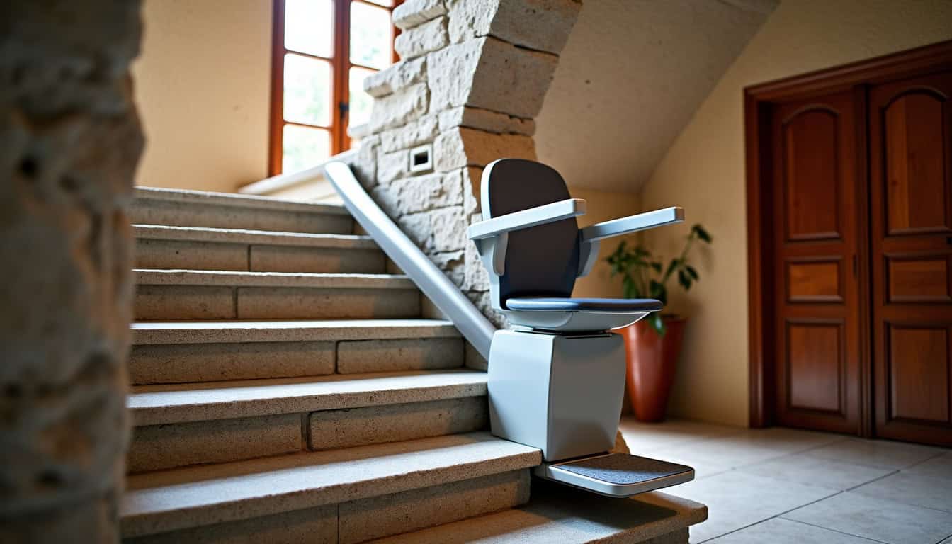 Monte-escalier installé sur un escalier en granit dans une maison traditionnelle de Plouguin